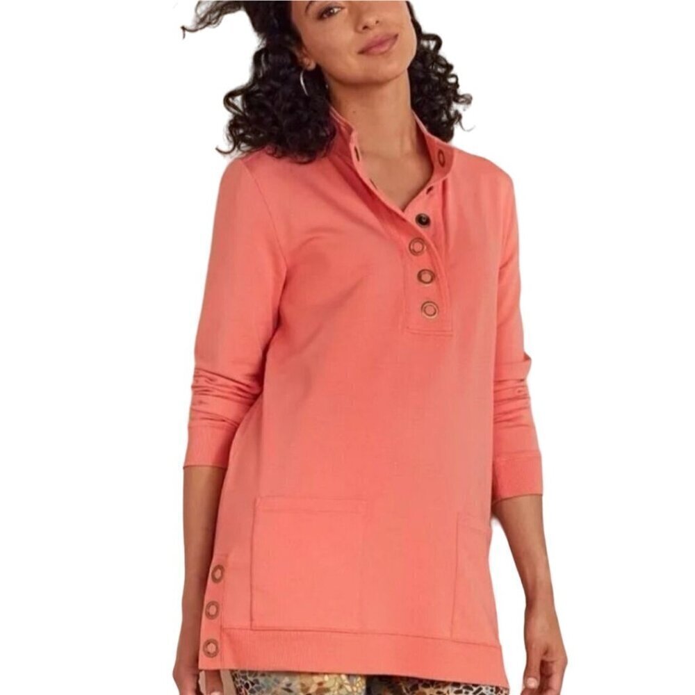 Soft Surroundings Lakshmi Peach Cotton Blend Tunic Top Large Snaps PocketsSize M